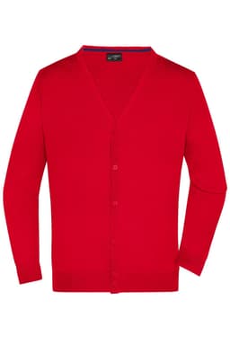 A red men's V-neck cardigan with a button-down front, featuring long sleeves and a logo.