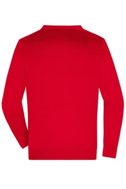 A red men's V-neck cardigan featuring a simple design and back view. It includes a logo on the garment.