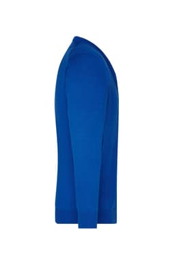 A blue men's V-neck cardigan featuring long sleeves and a fitted design, with a logo visible on the garment.