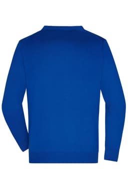 A blue men's V-neck cardigan featuring long sleeves and a plain back design. It has a logo on the label.