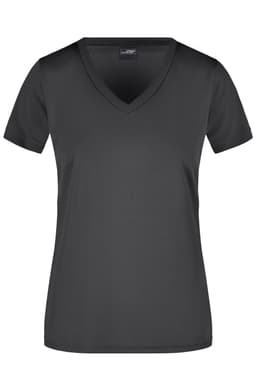 A black ladies’ t-shirt with a V-neck and short sleeves, featuring a logo.