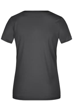 A grey ladies' t-shirt with a round neck and short sleeves, featuring a logo on the back.
