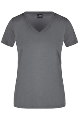A grey ladies' V-neck T-shirt with short sleeves and a fitted design. Features a logo on the label.