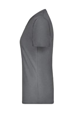 A grey ladies' T-shirt featuring a simple design and a fitted silhouette. It has a branding logo on it.