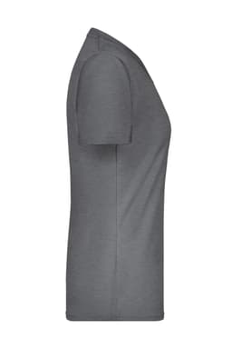A grey t-shirt featuring a classic crew neck design and a fitted silhouette. It has a logo on the side.