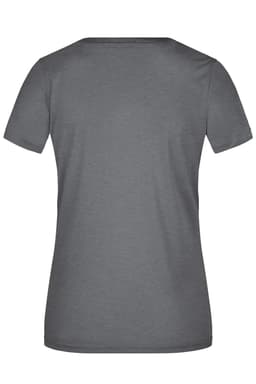 A grey ladies' T-shirt with a short sleeve and a round neckline, featuring a logo on the back.