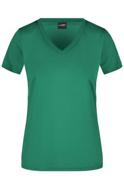 A green ladies’ V-neck active T-shirt featuring a short sleeve design and a branding logo on the label.