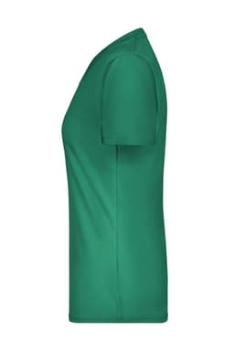 A green women's t-shirt with short sleeves, featuring a fitted design and a logo on the surface.