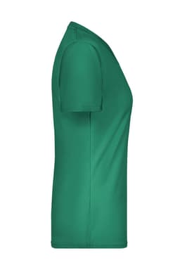 A green women's T-shirt in a fitted style, featuring short sleeves and a subtle logo.