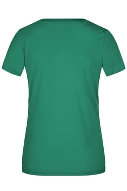 A green women's active t-shirt with a classic short-sleeve design and a smooth back. It features a branding logo.