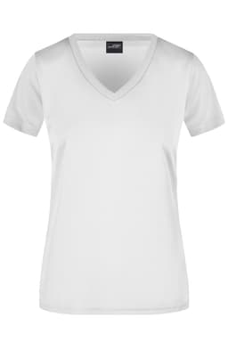 A white ladies' t-shirt with a v-neck and short sleeves, featuring a branding logo.