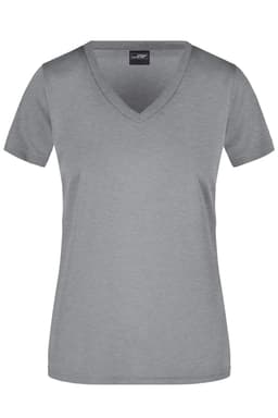 A grey v-neck t-shirt for women featuring short sleeves and a simple design. It includes a logo.