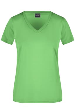 A bright green ladies' T-shirt with a V-neck design and a logo.