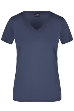 A navy blue Ladies Active-V T-shirt featuring a V-neck design and short sleeves. It has a logo on the label.