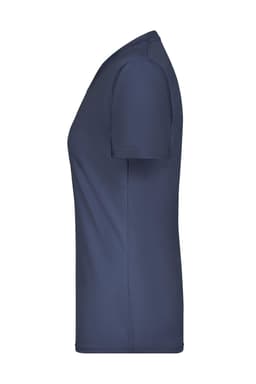A navy blue ladies' t-shirt with a v-neck and short sleeves, featuring a logo on the side.