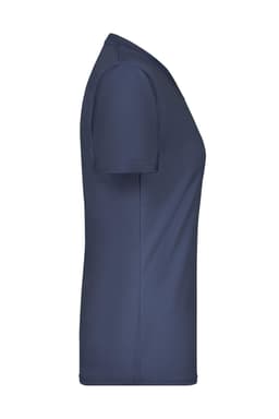 A side view of a navy blue women's t-shirt featuring a slim fit design and a logo on the fabric.