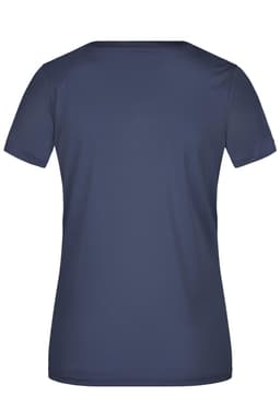 A navy blue ladies' active T-shirt with a smooth fabric and a simple design. It features a logo on the back.