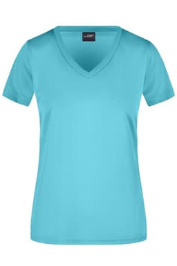 A turquoise ladies' t-shirt featuring a v-neck design and short sleeves. The shirt includes a branding logo.