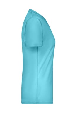 A short-sleeved, turquoise t-shirt with a slim fit design and a logo on the side.