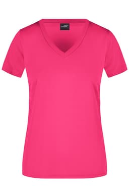 A pink ladies V-neck active t-shirt with short sleeves and a simple design, featuring a logo.