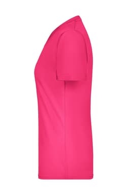 A pink ladies T-shirt with short sleeves and a fitted design, featuring a logo.