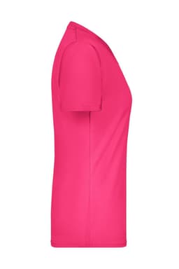 A pink ladies T-shirt with short sleeves, featuring a side view and a logo on the garment.