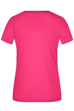 A pink short-sleeved t-shirt with a simple design and a branding logo on the back.