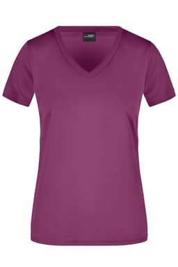 A women's V-neck T-shirt in a rich plum colour, featuring short sleeves and a simple design. It has a branding logo.