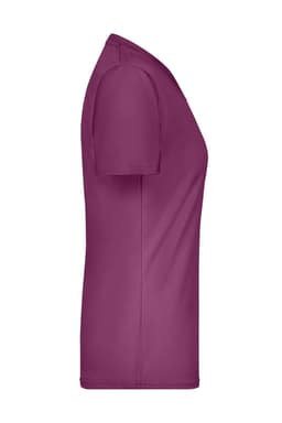 A side view of a ladies' active t-shirt in a vibrant plum colour, featuring a logo on the fabric.