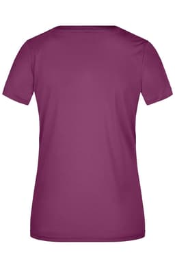 A women's short-sleeved T-shirt in a deep purple colour, featuring a plain back and a logo.