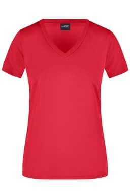 A red V-neck T-shirt for ladies, featuring short sleeves and a fitted design. It has a brand logo on the label.