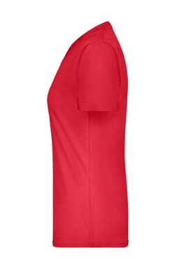 A red ladies’ T-shirt with a fitted silhouette and short sleeves. The shirt features a logo on the side.