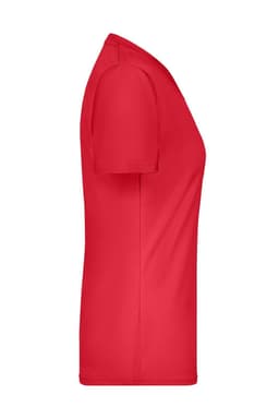 A red ladies' t-shirt displayed from the side, featuring a fitted design and short sleeves. It includes branding.