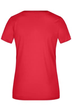 A red ladies' short-sleeve T-shirt with a smooth fabric and a logo on the back.