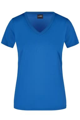 A blue V-neck T-shirt for women, featuring a standard fit and logo branding.