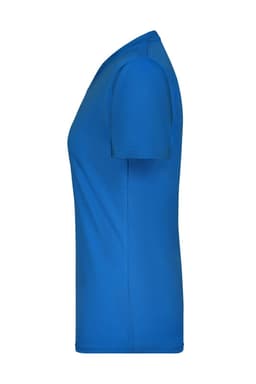 A blue ladies' active T-shirt with short sleeves and a fitted design, featuring a logo.