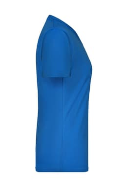 A blue ladies T-shirt featuring a round neck and short sleeves, displayed from a side view. It has a logo.