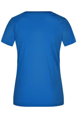 A blue ladies' T-shirt with a standard crew neck and short sleeves, featuring a logo on the back.