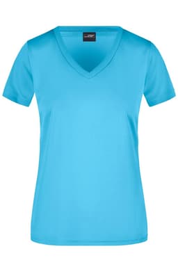 A ladies' V-neck T-shirt in vibrant blue, featuring short sleeves and a logo.