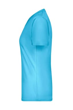 A side view of a ladies’ T-shirt in bright blue, featuring a smooth fabric texture and short sleeves. It has a logo.
