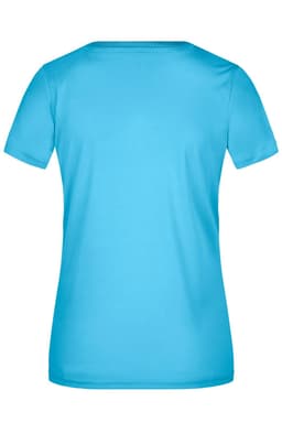 A light blue ladies' T-shirt featuring a fitted design and short sleeves. It has a logo on the back.