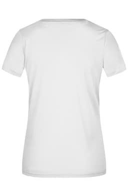 A white ladies' active t-shirt with a fitted design and short sleeves, featuring a logo on the back.
