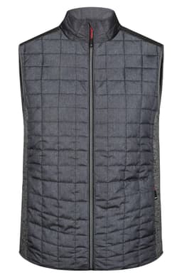A grey knitted hybrid vest with a quilted front and a high collar, featuring a zip closure and a logo.