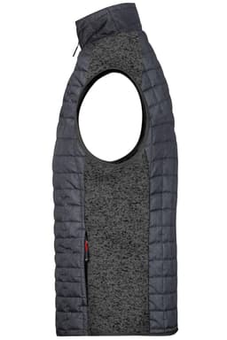 A grey mens knitted hybrid vest with a sleeveless design and a zippered pocket, featuring a logo.