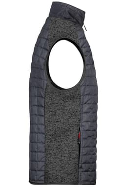 A men's knitted hybrid vest in grey, featuring a quilted design and an open armhole style. It has a logo.