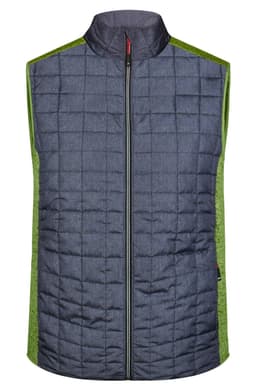 A men's knitted hybrid vest featuring a blue quilted front and green side panels, with a zip closure and a logo.