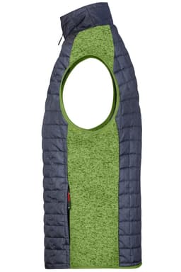 A green and navy knitted hybrid vest with a sleeveless design and a zip closure. It features a logo.