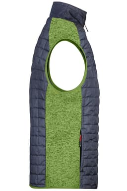 A mens knitted hybrid vest featuring a green and navy design with a zip and arm openings. It has a logo on the side.