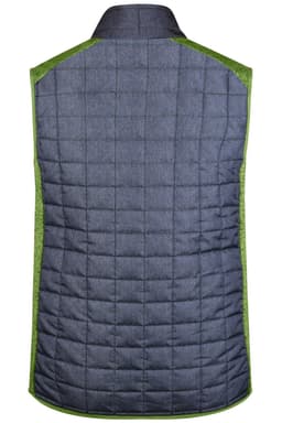 A men's knitted hybrid vest in grey with green accents, featuring a quilted back design and a stand-up collar.