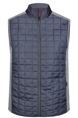 A mens knitted hybrid vest in navy blue with a quilted front and grey side panels. It features a high collar and a zip closure.